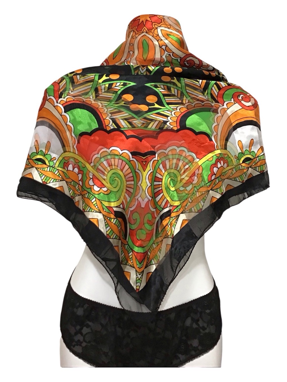 Vintage Silk Feel Polyester Vibrant Orange & Green Multicolor Print Scarf